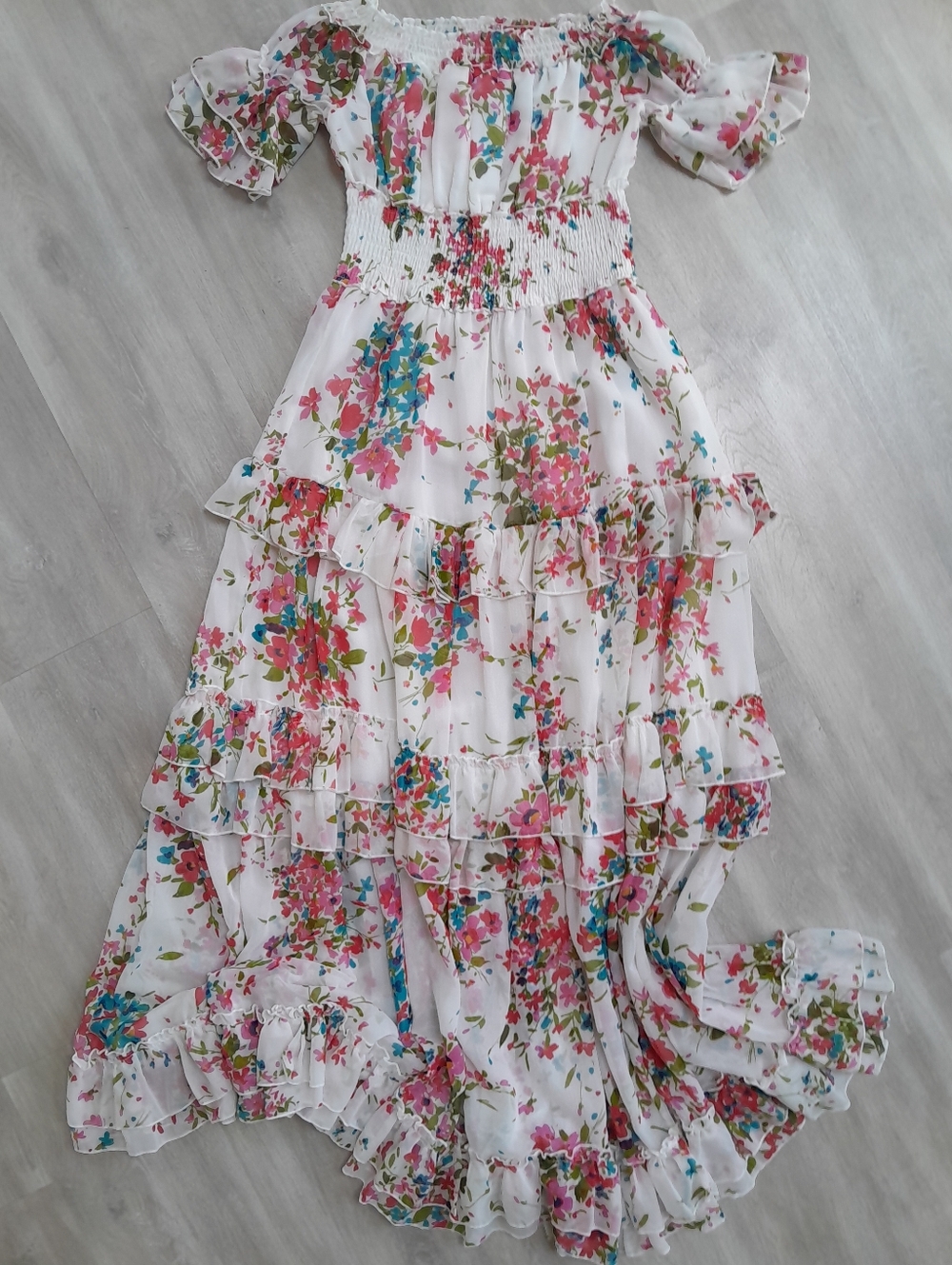 Angell White Floral Off-Shoulder Ruffle Maxi Dress with Pink & Blue Bouquet M